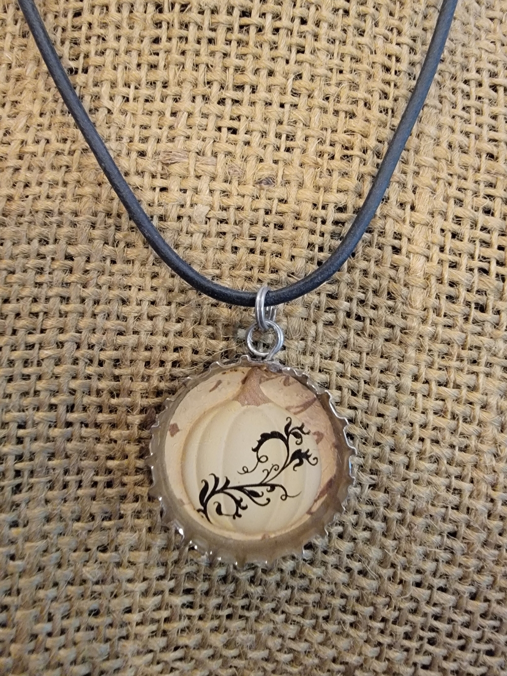 Handmade Vintage White Pumpkin With Gothic Vine in Bottle Cap Pendant Necklace